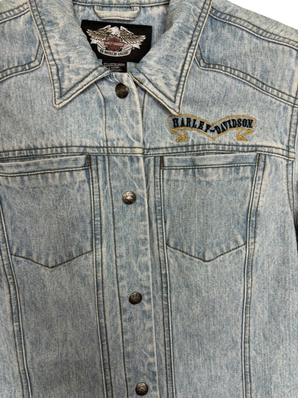 VTG Harley-Davidson Embroidered Denim Jacket Leather Fringe Button Front Small - Picture 5 of 11
